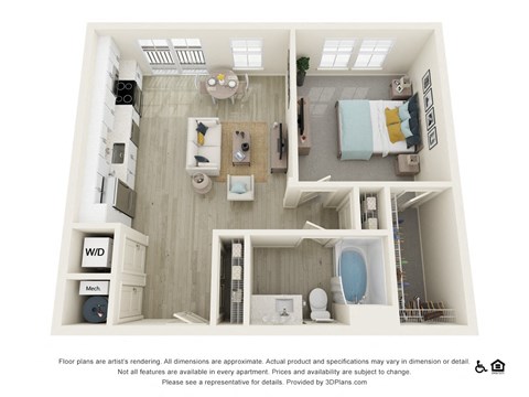 Floor plan for 1 bed, 1 bath, 752 sqft